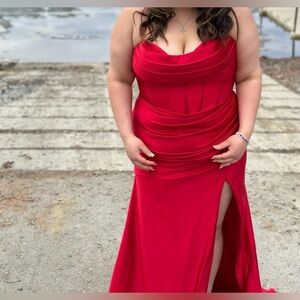 Curve-Friendly Red Strapless Prom Gown with Side Slit